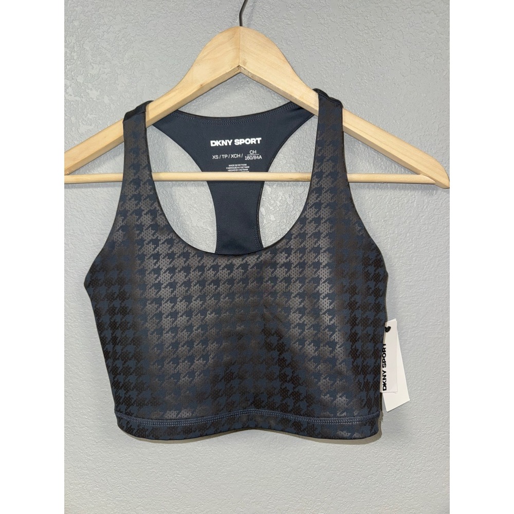 DKNY Sport Womens Houndstooth Racerback Sports‎ Bra Grey Black XS NWT